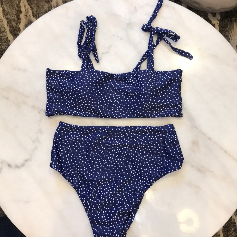 Polka Dot Tie Shoulder Top High Waist Bikini